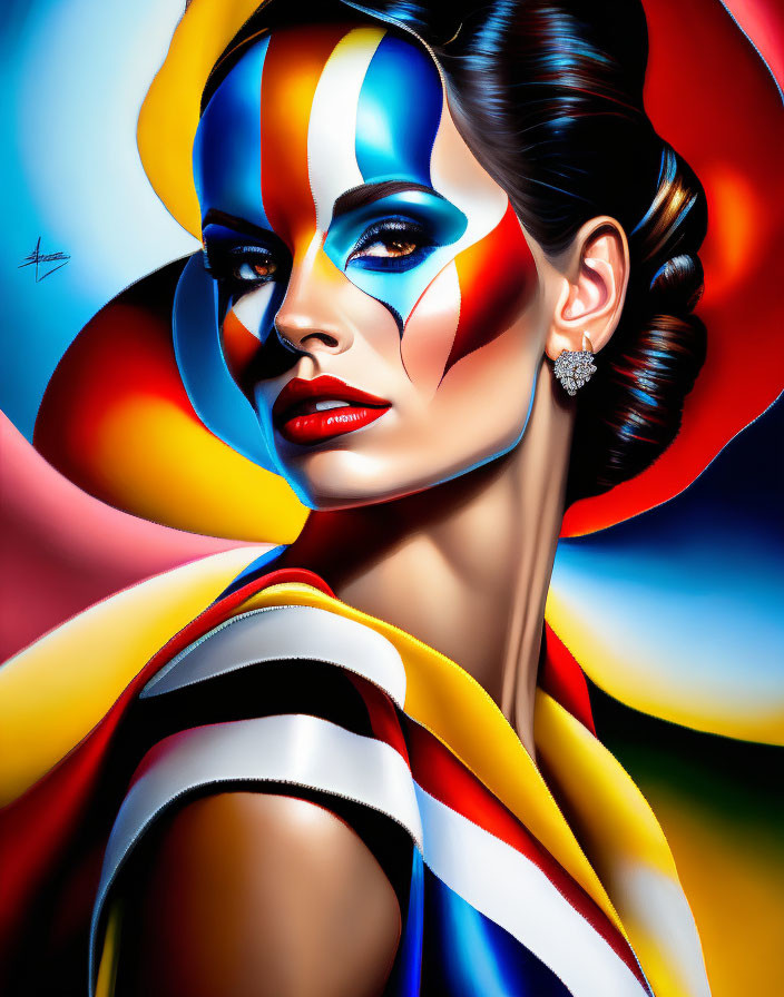 Vibrant makeup and colorful garment on confident woman