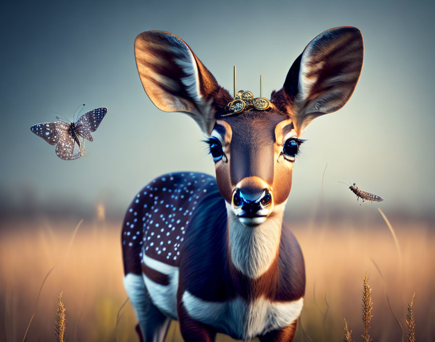 Digital illustration of a deer with large eyes, wearing a crown, with a butterfly and dragonfly in