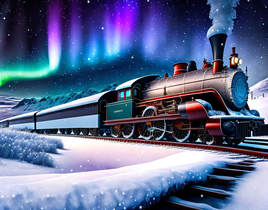 Vintage Train in Snowy Landscape under Colorful Aurora Borealis