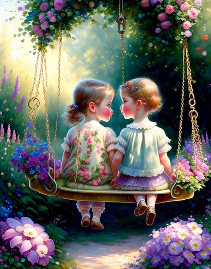 Vintage dresses on swing in lush garden with blooming flowers