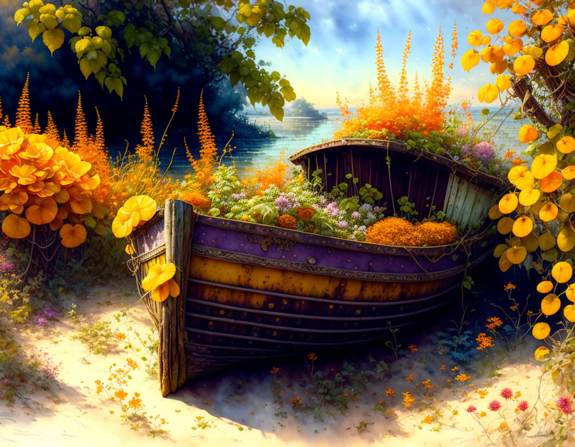 Colorful flowers in old wooden boat on sandy lakeside shore surrounded by lush greenery under sunny sky