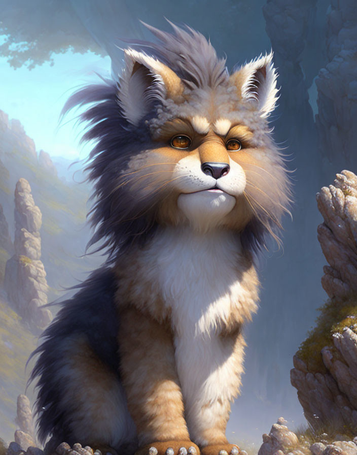 Fluffy lion-faced creature in rocky terrain under bright sky