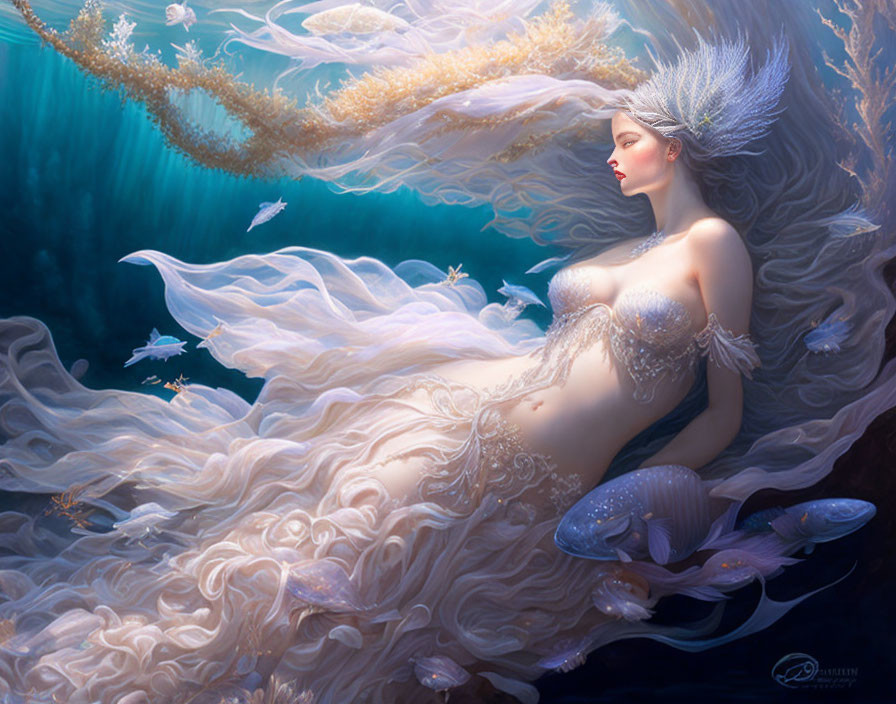 Ethereal mermaid in flowing gown amidst jellyfish and coral