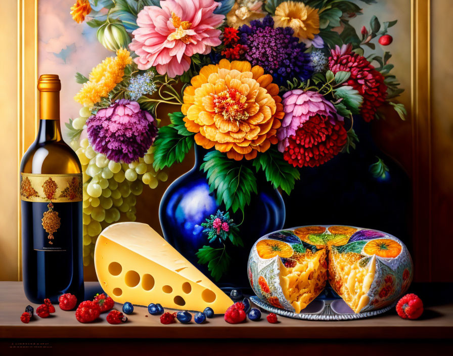 Colorful flowers, wine, cheese, and fruit on a table in vibrant still life.