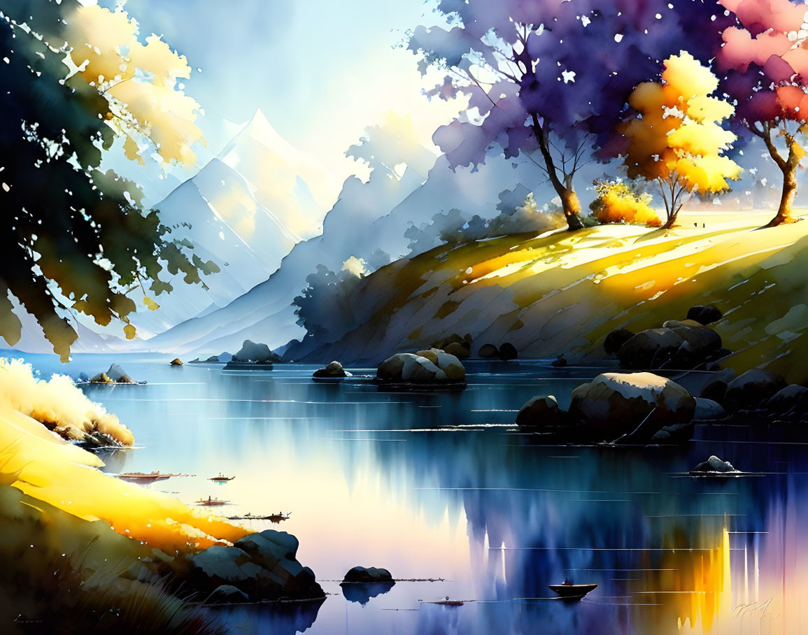 Colorful Trees and Serene Landscape in Digital Art