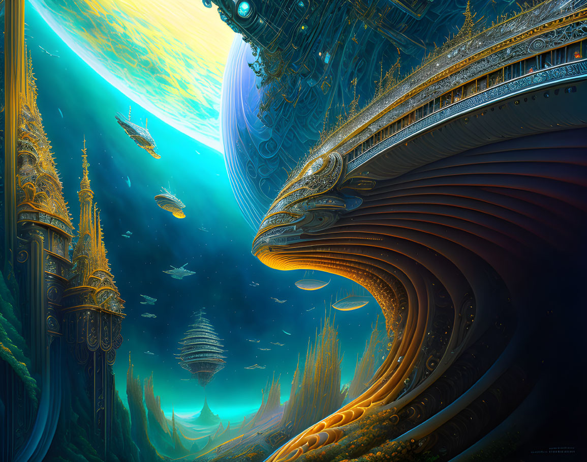 Colorful sci-fi artwork: Ornate spaceships above lush alien landscape