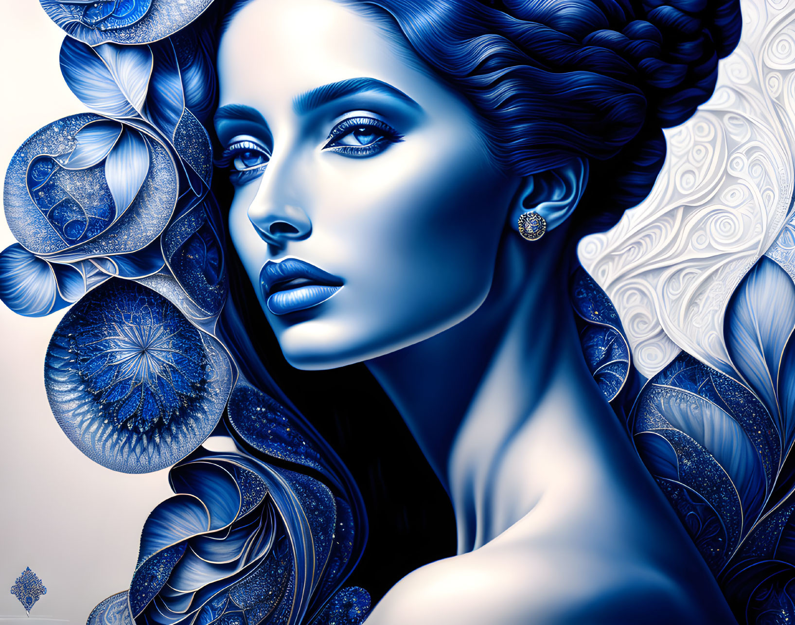 Monochromatic portrait of a woman with blue tones and floral motifs