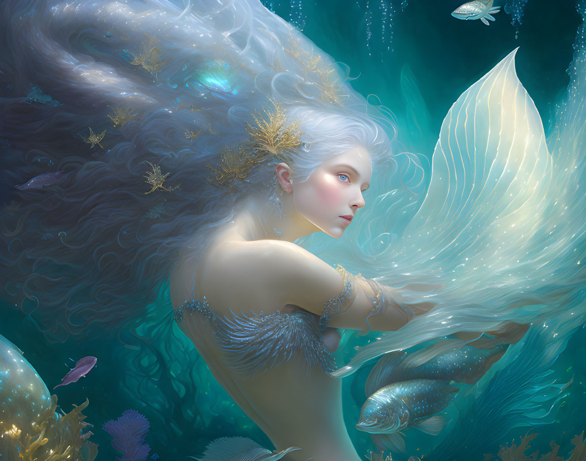 Mystical mermaid with flowing hair and golden accessories in underwater scene