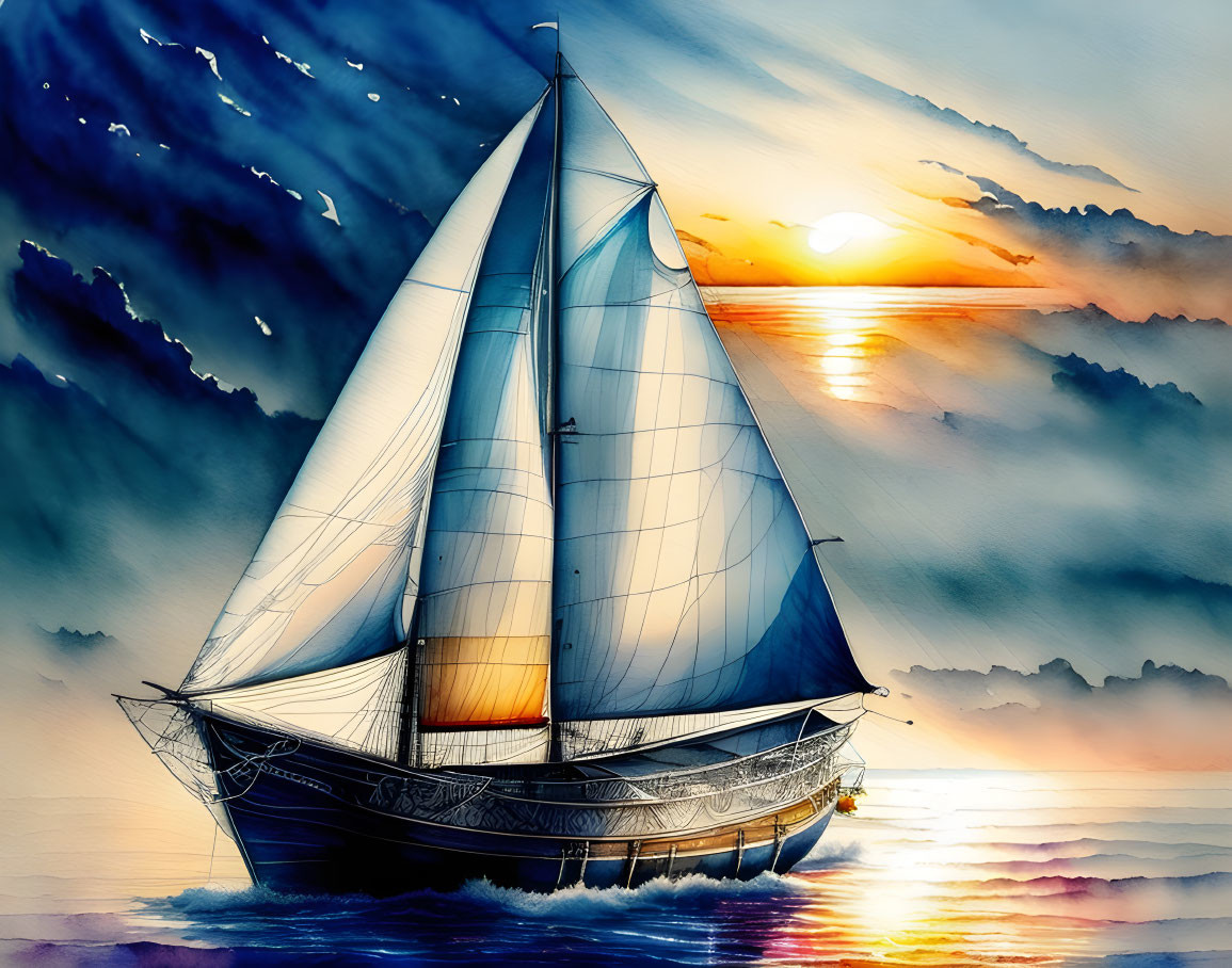 Vibrant sunset seascape with sailing boat and birds