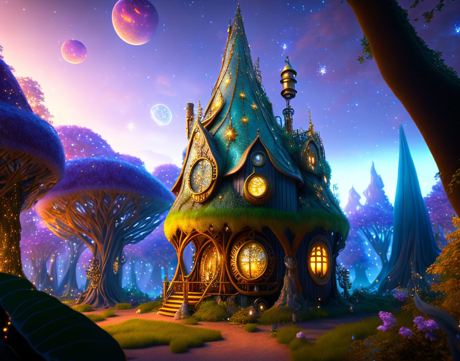 Fantasy landscape with glowing cottage, oversized mushrooms, and celestial sky