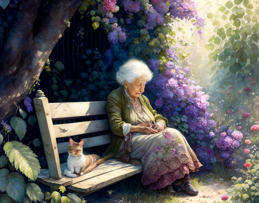 Elderly woman and cat on bench in lush garden