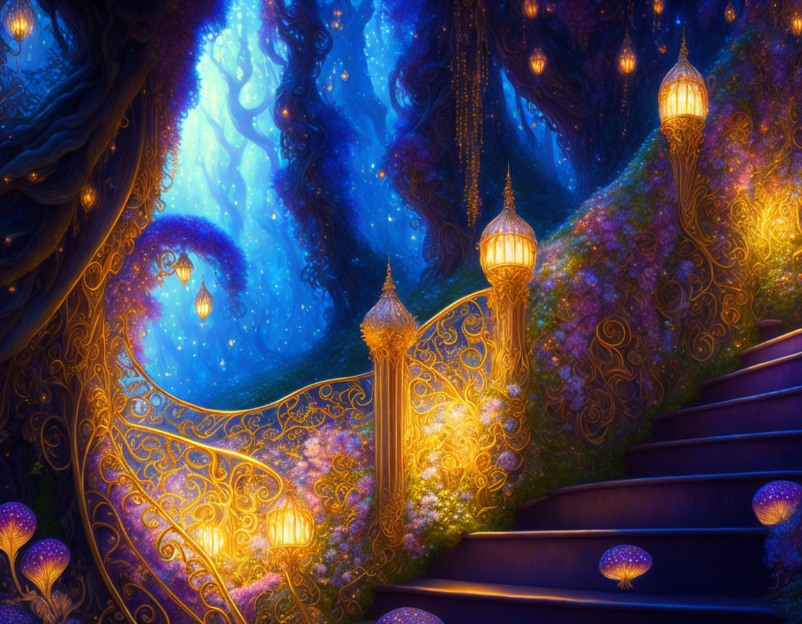 Mystical stairway with golden lanterns and celestial patterns