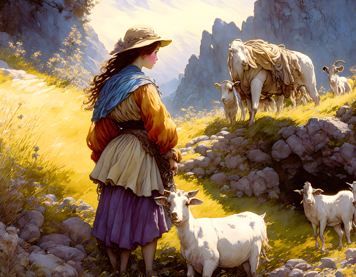 Historical shepherdess with goats in serene mountain landscape