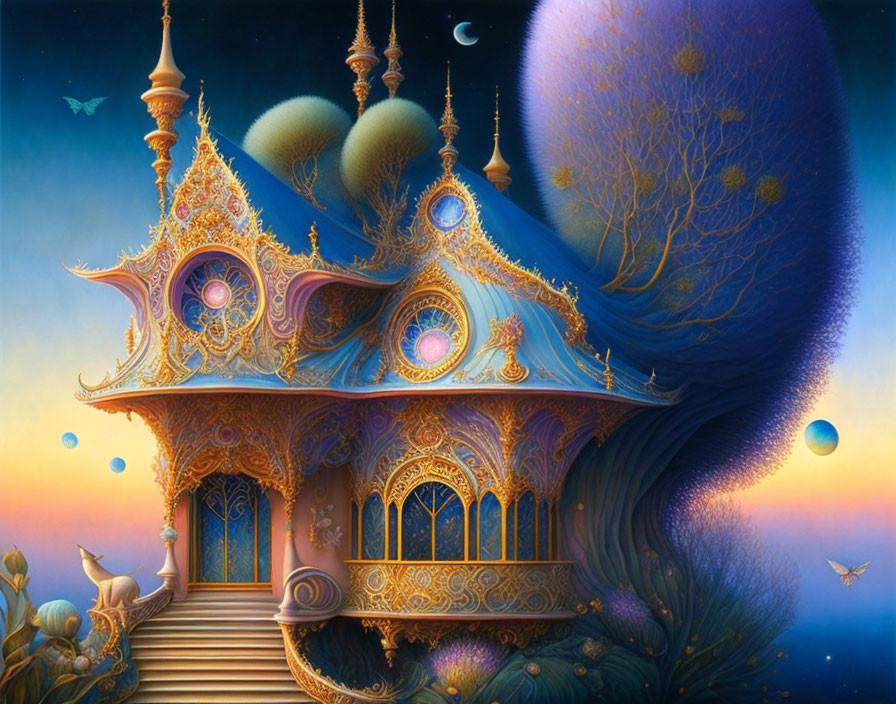 Fantasy palace perched on tree limb under night sky with orbs and crescent moons