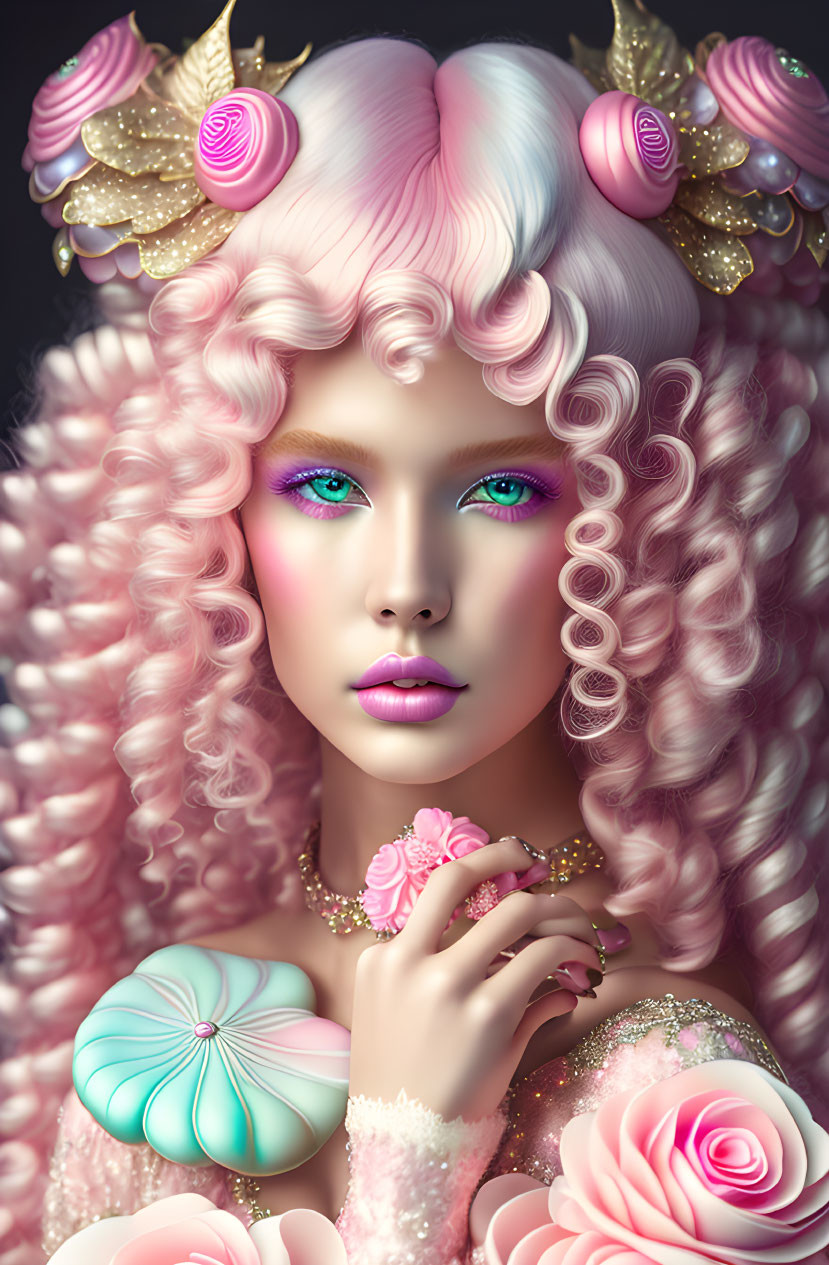 Vibrant pink-haired woman with seashell and gold accents, holding a rose amidst macar