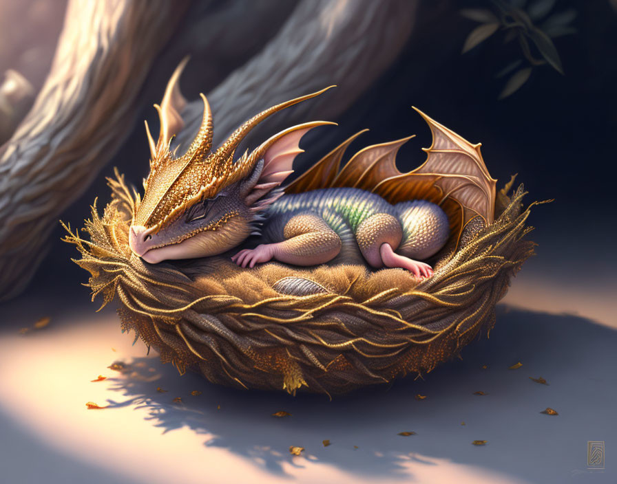 Golden Dragon Nest in Sunlit Forest with Detailed Scales and Wings