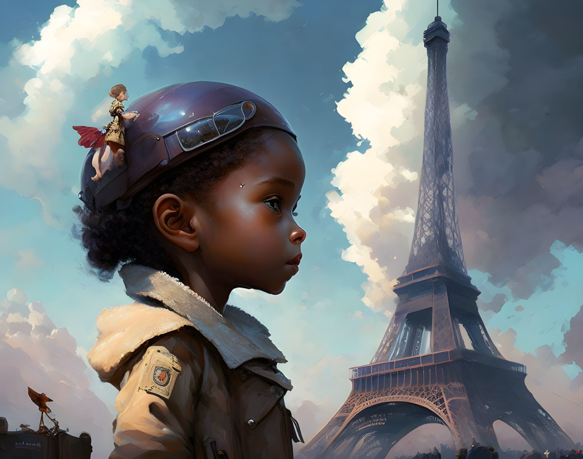 Digital artwork: Young girl in pilot helmet with tiny aviator and bird at Eiffel Tower