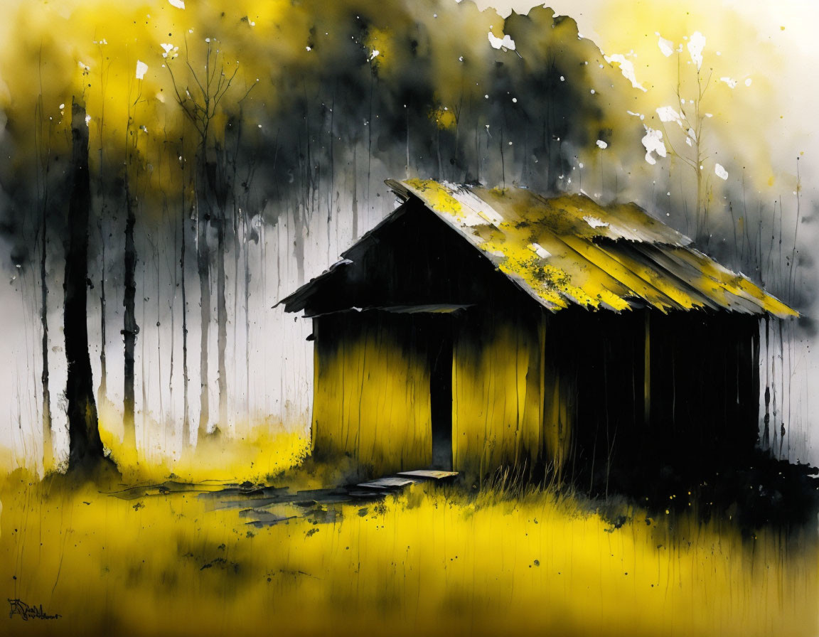 Vibrant yellow-roofed wooden hut in dreamlike landscape