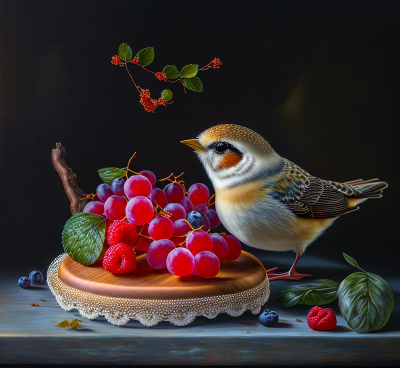 Bird perched next to grapes on wooden plinth with berries and leaves on dark backdrop