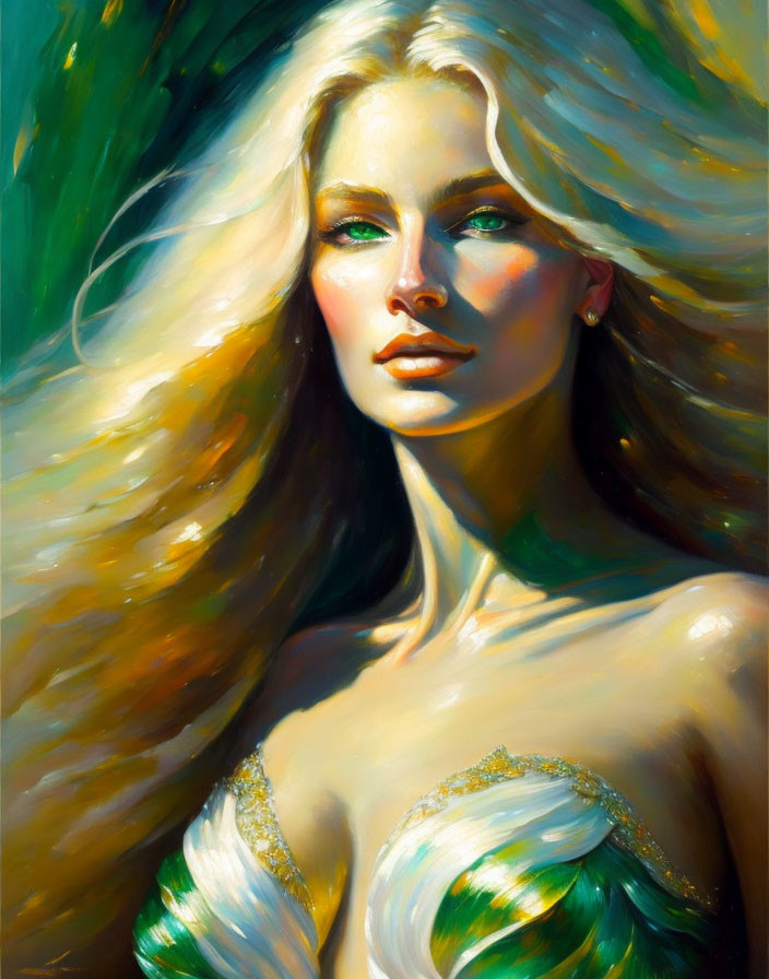 Blonde woman in golden dress with green accents under warm light