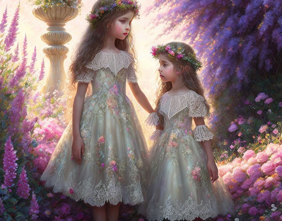 Two young girls in ornate dresses among blooming flowers in a soft-lit garden.