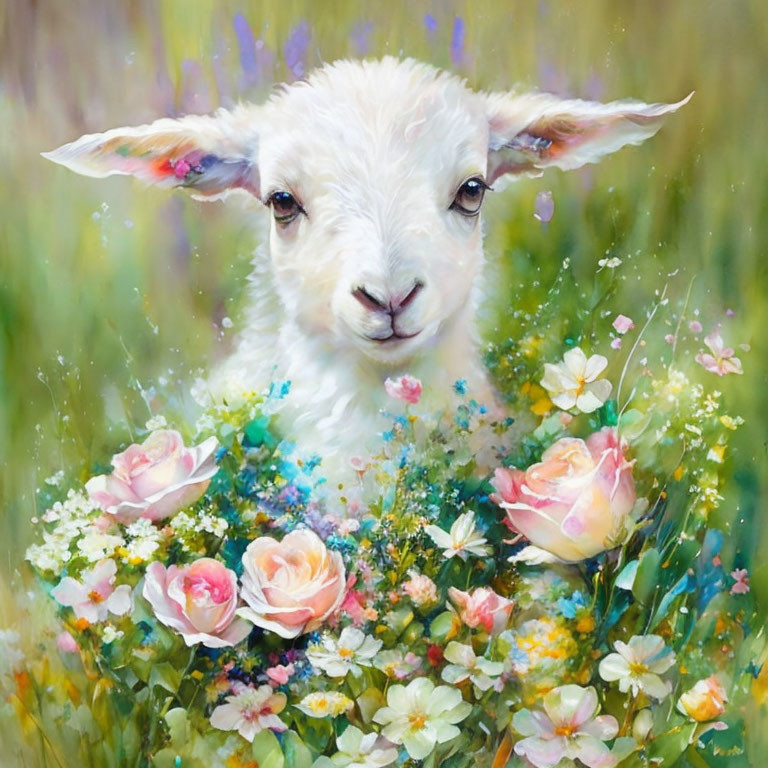 Adorable lamb surrounded by colorful flowers in a meadow setting