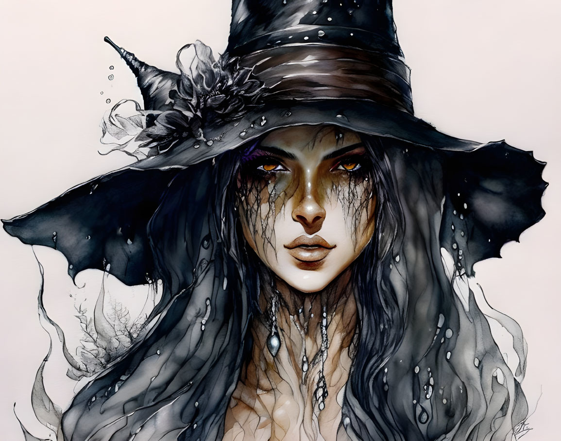 Mysterious woman in witch hat with floral adornments, dark flowing hair, and captivating purple eyes.