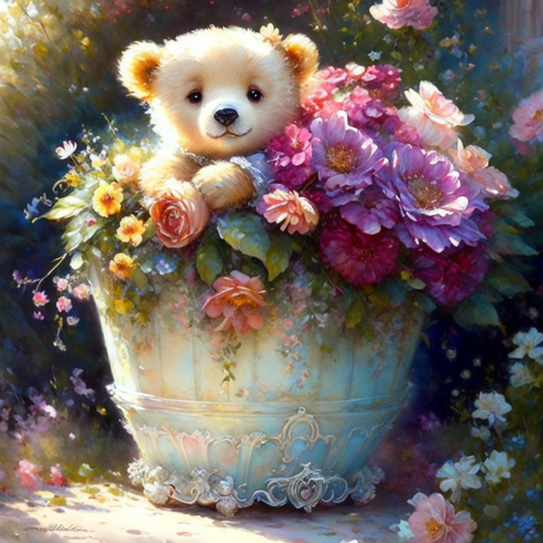 Plush teddy bear in flower-filled porcelain pot in dreamlike garden