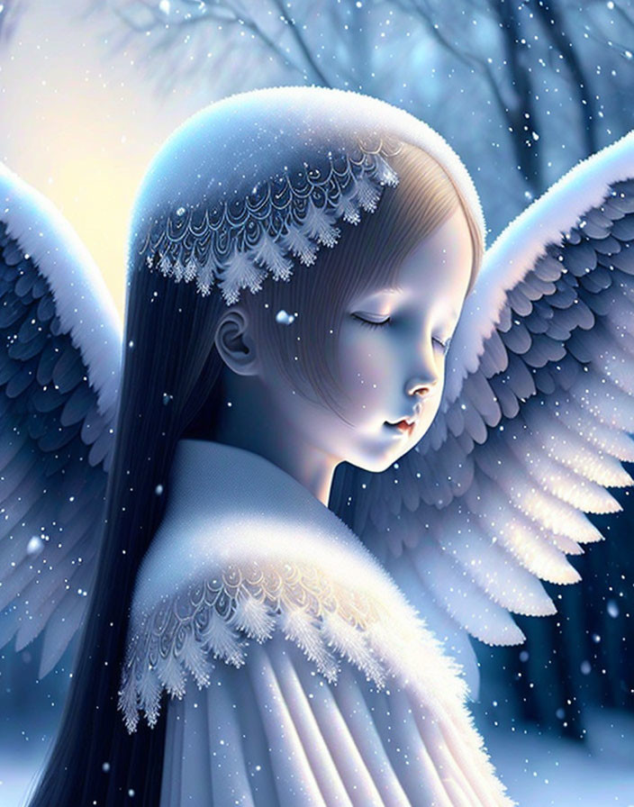 Detailed Snow-Tipped Angel Illustration in Twilight Setting