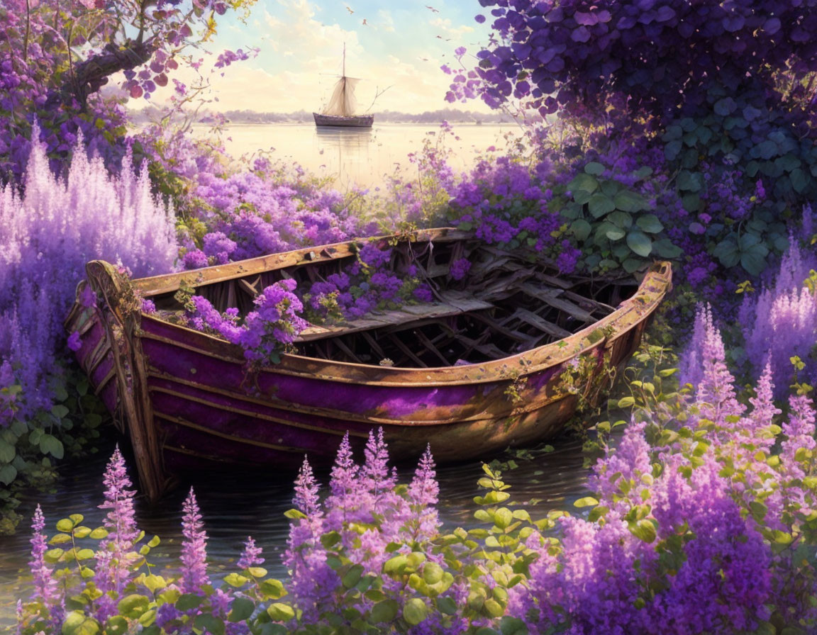 Weathered wooden boat among purple flowers on tranquil riverbank