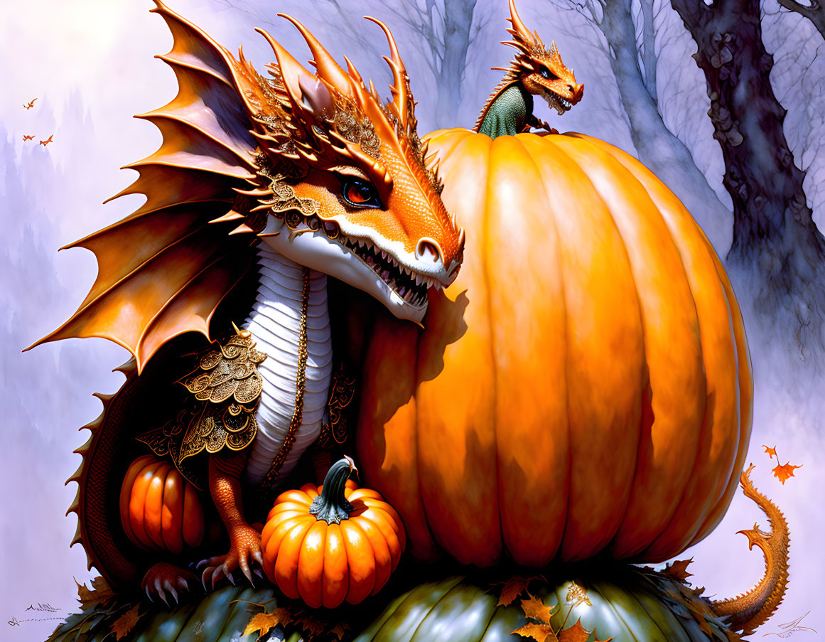 Colorful illustration: Orange dragon on giant pumpkin in autumn setting