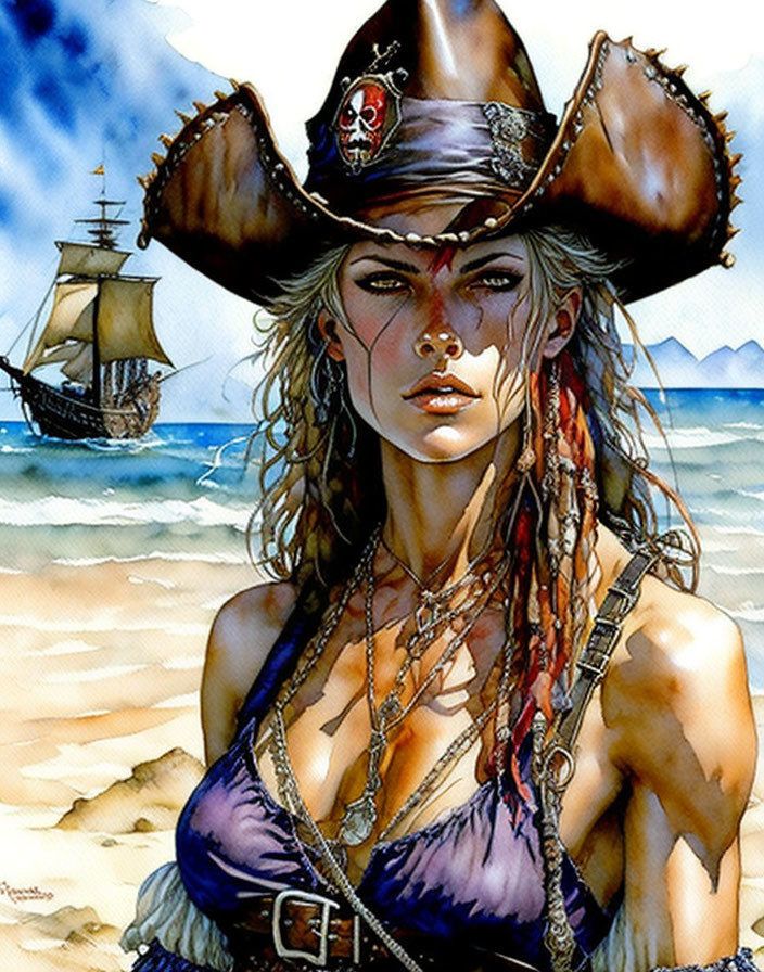 Female pirate illustration on beach with ship in background