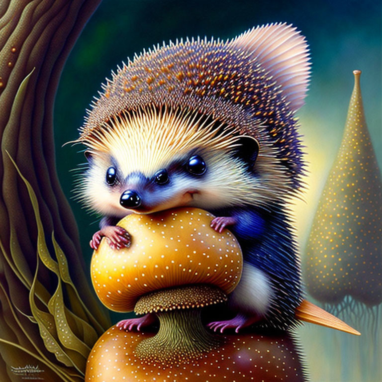 Illustration of cute hedgehog with yellow fruit in enchanted forest