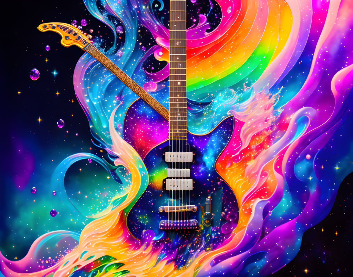 Colorful electric guitar merges with cosmic waves in space.