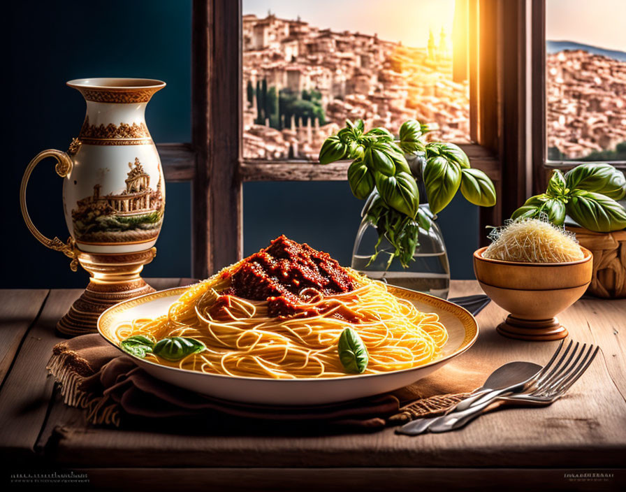 Plate of spaghetti with tomato sauce next to sunlit town view and basil plants.