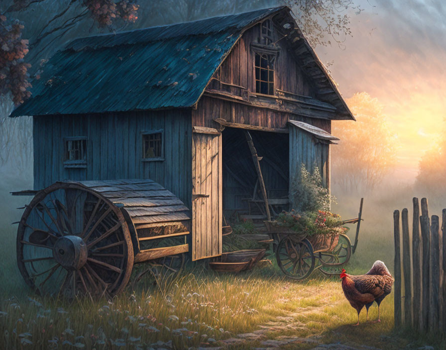 Rustic blue barn with wheelbarrow, wheel, rooster, and warm sunrise light