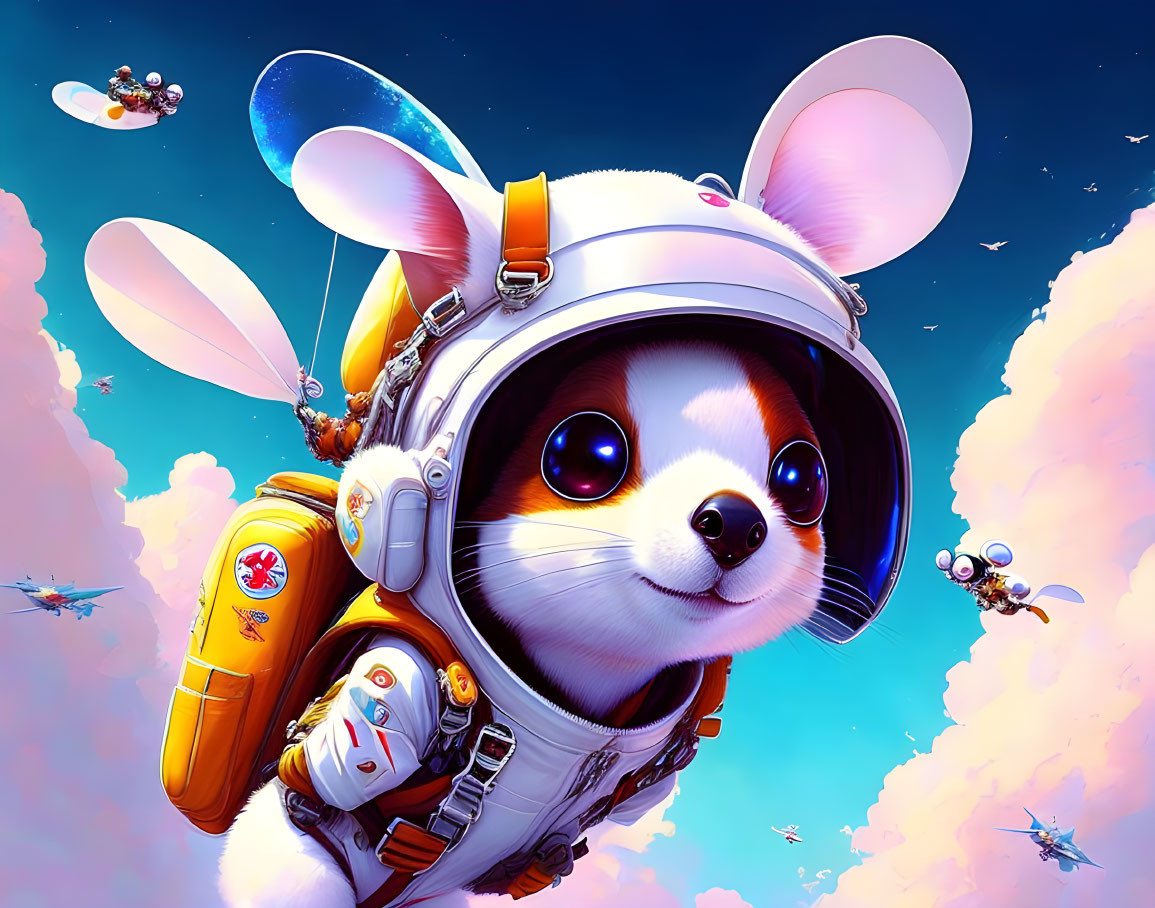 Animated astronaut mouse in large helmet and orange spacesuit on cosmic background.