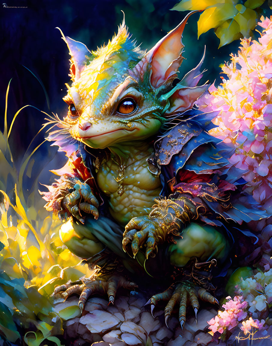 Colorful creature in armor among vibrant flowers