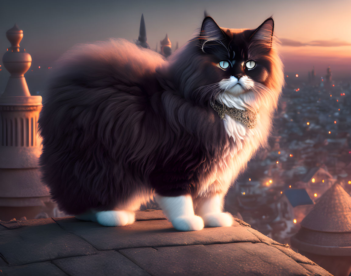 Fluffy cat with blue eyes on rooftop at dusk