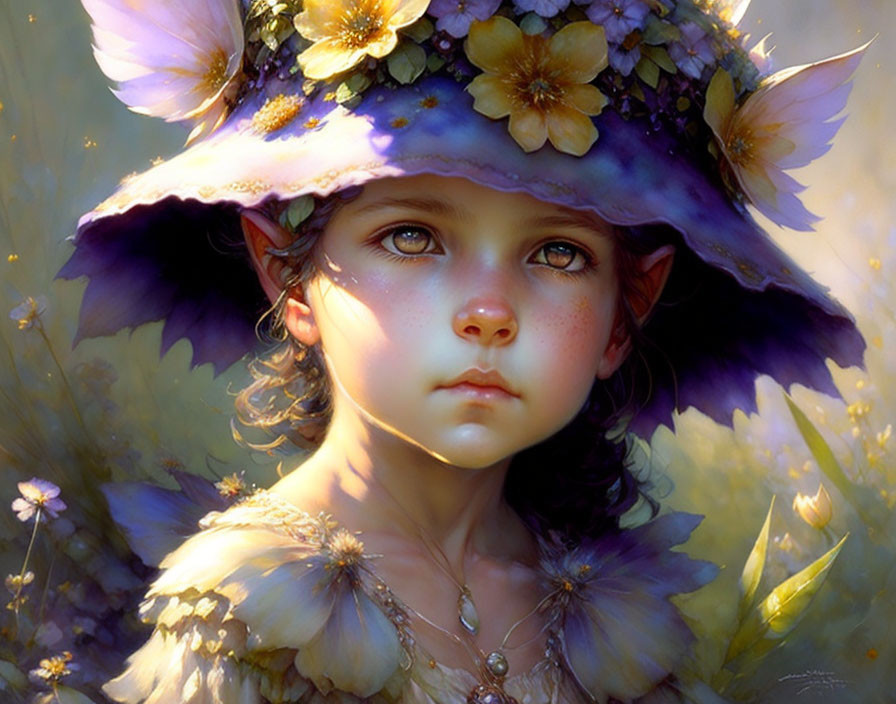 Young girl with elfin features in flower hat under sunlight.