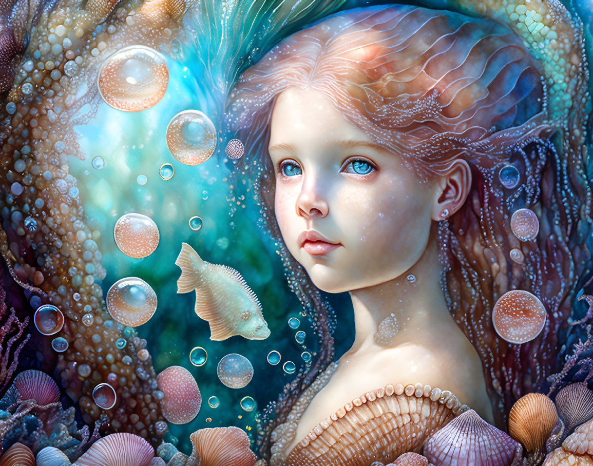 Fantasy illustration of a young girl with marine features and sea-life textures.