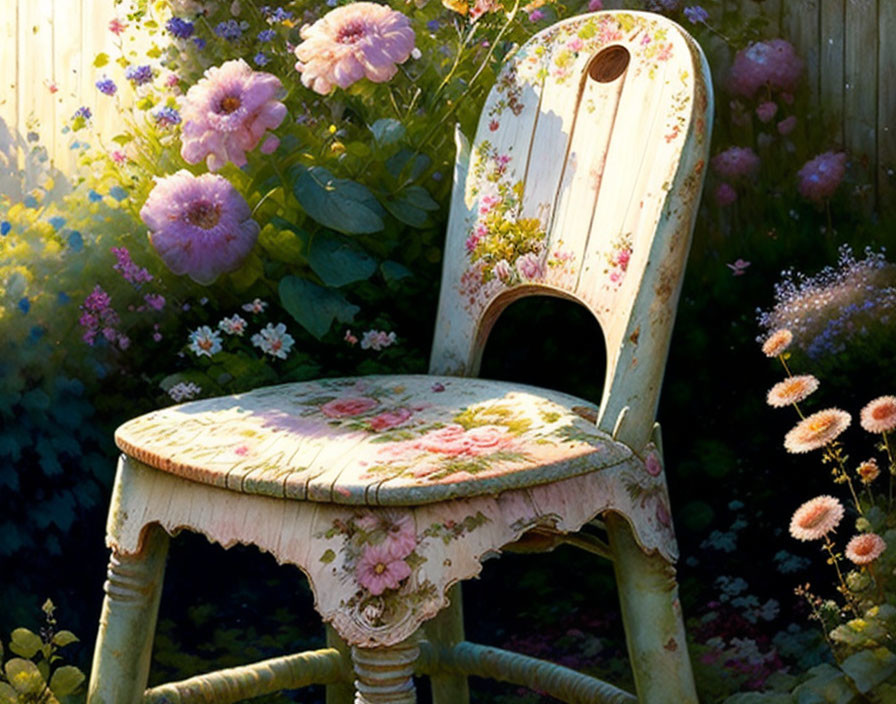 Vintage Wooden Chair with Floral Patterns in Sunlit Garden