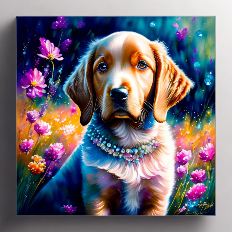 Colorful painting of a puppy with pearl necklace in a floral setting