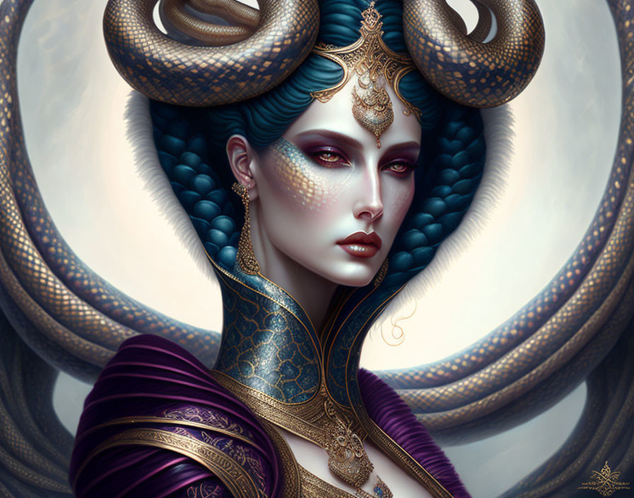 Illustrated Female Figure with Snake-Themed Design in Blue and Gold