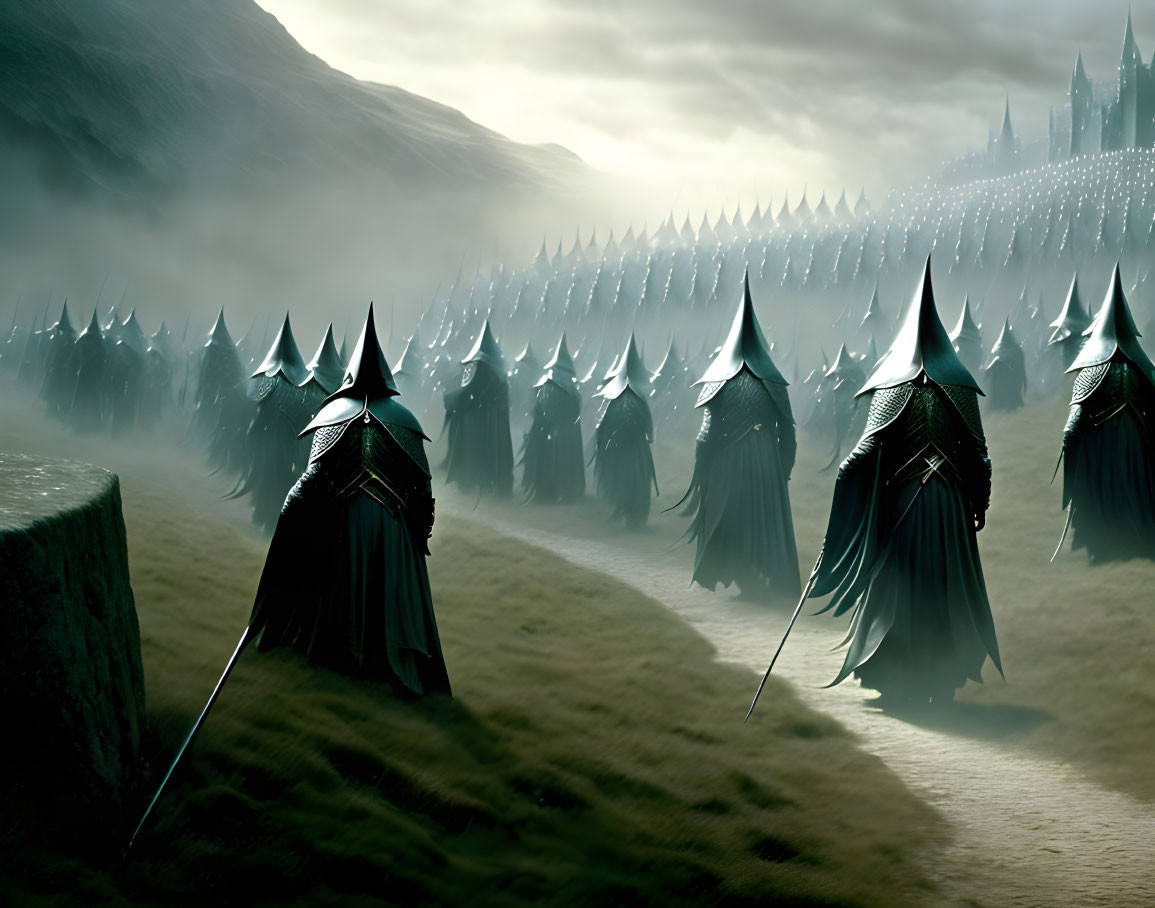 Misty mountain landscape with army of cloaked figures