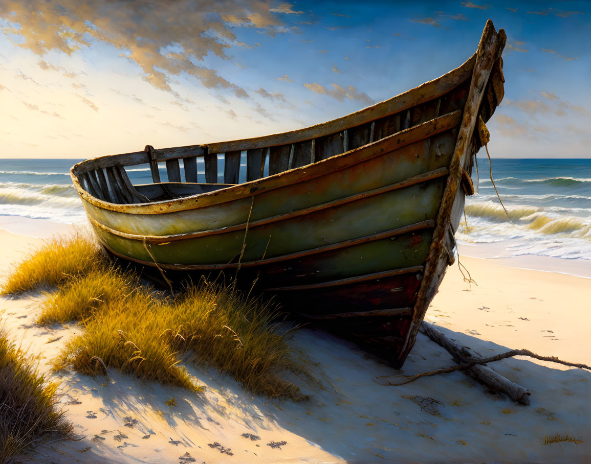 Weathered wooden boat on sandy beach with peeling paint, tall grass, under blue sky.