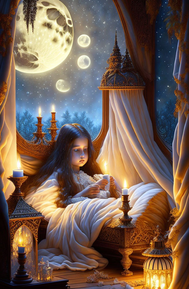 Young girl in blankets looks at night sky with multiple moons and candles, creating enchanted scene