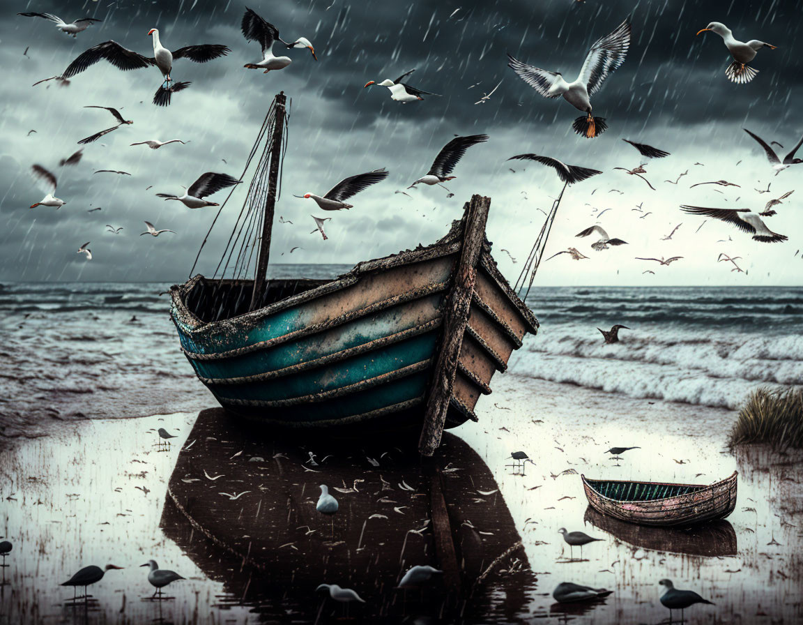 Stormy Beach Scene: Abandoned Boats, Seagulls, Rain, Gloomy Sky