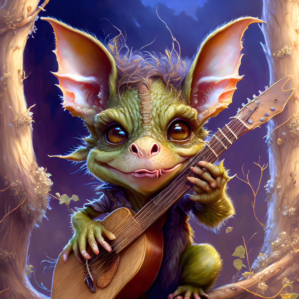 Green-skinned creature with large ears playing lute in forest landscape