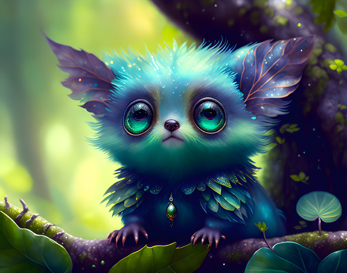 Blue-furred creature with green eyes and jewel pendant perched on tree branch